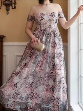 Off-Shoulder Pink Floral Evening Dress